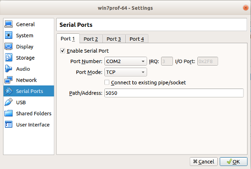 VirtualBox configuration settings for a COM port to socket