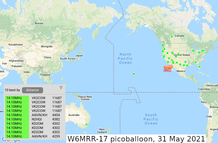wspr.rocks screenshot of W6MRR-17 on Monday May 31st