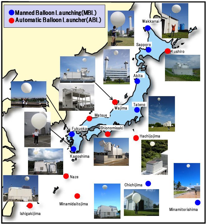 Japan radiosonde launch locations and launcher type